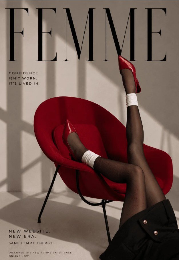 A Femme magazine cover with a red chair and black stilettos