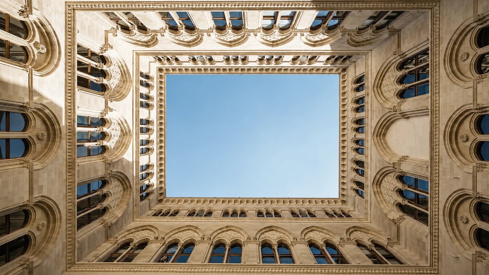 Architectural courtyard looking upward