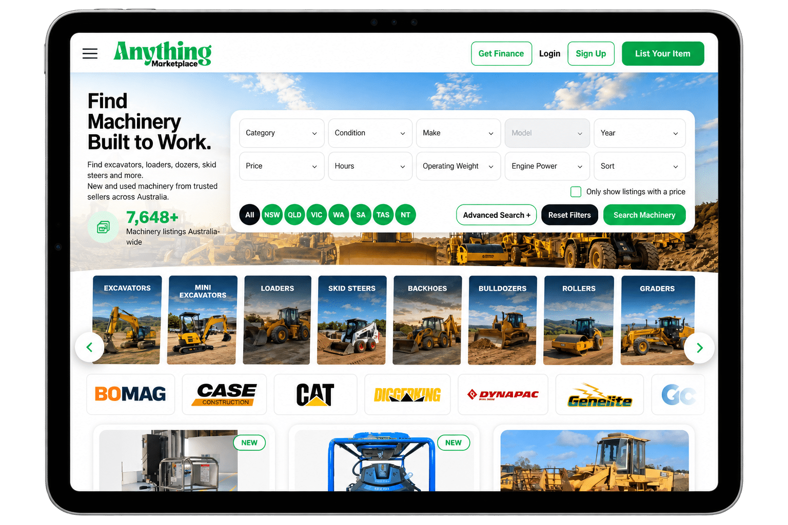 The machinery category on a tablet